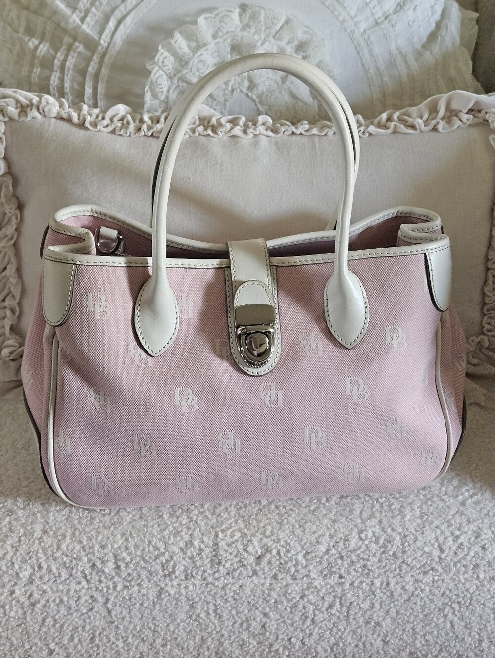 Vintage Dooney & Burke Pink Canvas Tote Bag with White Trim
